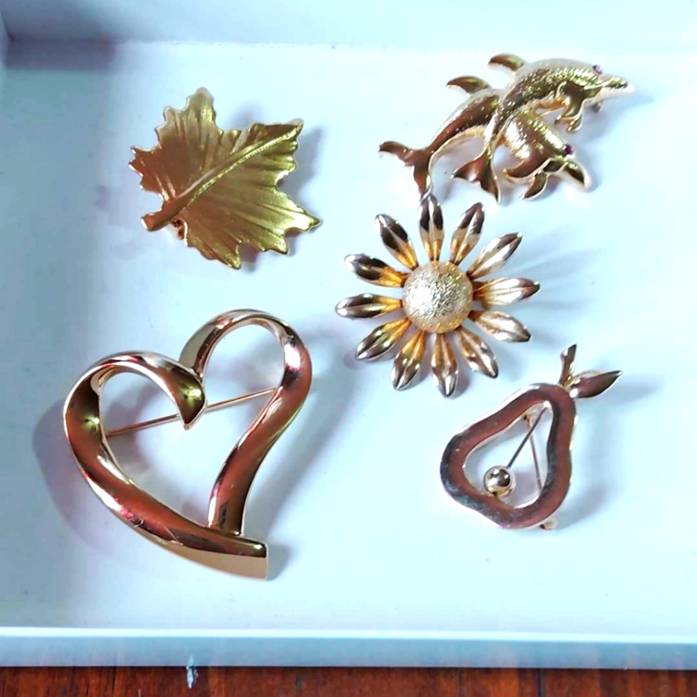 Gold Tone Brooch Set - Leaf, Dolphin, Flower, Heart, Pear